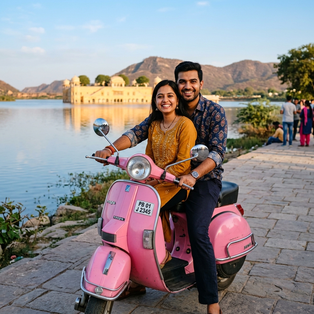 Tourists riding scooty near Jal Mahal in Jaipur